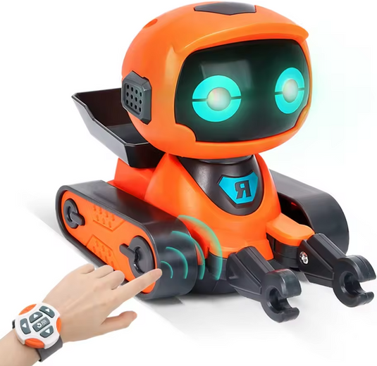 Robot Electronic Inteligent cu Telecomanda Tip Ceas RoboPlay Indiggo® Functii AI, Canta, Danseaza, Ochi cu Lumini LED, Rotire 360°, Cap si Brate Flexibile, Programabil, Functie DEMO, Interactiv si Educational, Orange