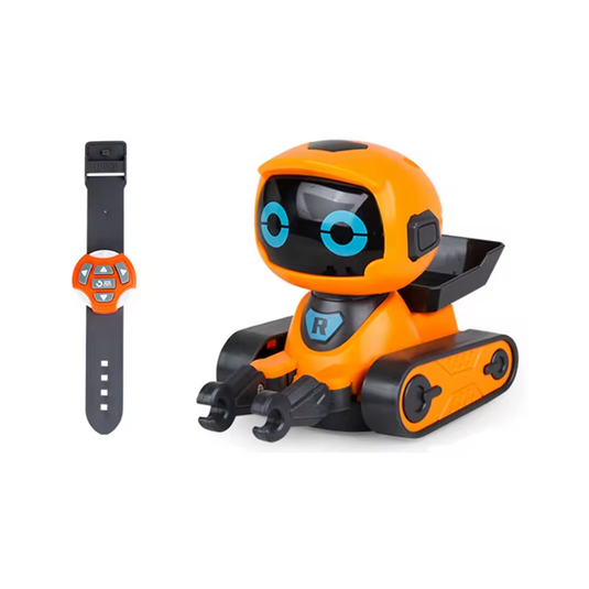 Robot Electronic Inteligent cu Telecomanda Tip Ceas RoboPlay Indiggo® Functii AI, Canta, Danseaza, Ochi cu Lumini LED, Rotire 360°, Cap si Brate Flexibile, Programabil, Functie DEMO, Interactiv si Educational, Orange