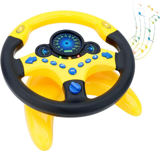 Volan Multifuntional cu Sunete si Lumini MiNiDriver Indiggo® Rotatie 360°, Suport si Ventuze, Maner Antiderapant, Simulator Condus, Lumini Intermitente, Muzica, Controler Portabil, Interactiv si Educativ, Negru/Galben