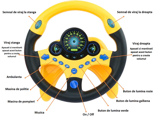 Volan Multifuntional cu Sunete si Lumini MiNiDriver Indiggo® Rotatie 360°, Suport si Ventuze, Maner Antiderapant, Simulator Condus, Lumini Intermitente, Muzica, Controler Portabil, Interactiv si Educativ, Negru/Galben