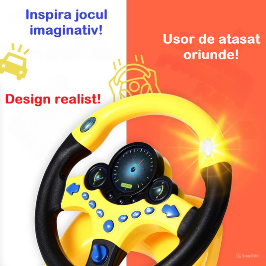Volan Multifuntional cu Sunete si Lumini MiNiDriver Indiggo® Rotatie 360°, Suport si Ventuze, Maner Antiderapant, Simulator Condus, Lumini Intermitente, Muzica, Controler Portabil, Interactiv si Educativ, Negru/Galben