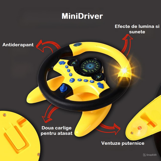 Volan Multifuntional cu Sunete si Lumini MiNiDriver Indiggo® Rotatie 360°, Suport si Ventuze, Maner Antiderapant, Simulator Condus, Lumini Intermitente, Muzica, Controler Portabil, Interactiv si Educativ, Negru/Galben