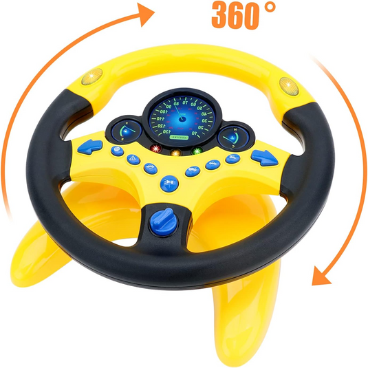 Volan Multifuntional cu Sunete si Lumini MiNiDriver Indiggo® Rotatie 360°, Suport si Ventuze, Maner Antiderapant, Simulator Condus, Lumini Intermitente, Muzica, Controler Portabil, Interactiv si Educativ, Negru/Galben