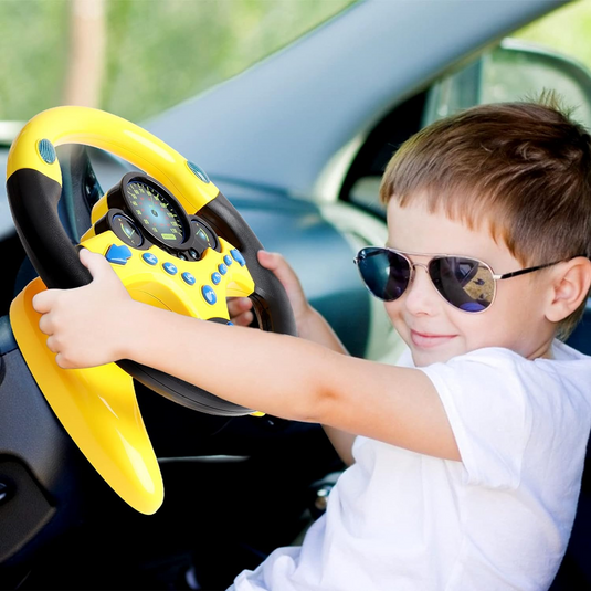 Volan Multifuntional cu Sunete si Lumini MiNiDriver Indiggo® Rotatie 360°, Suport si Ventuze, Maner Antiderapant, Simulator Condus, Lumini Intermitente, Muzica, Controler Portabil, Interactiv si Educativ, Negru/Galben