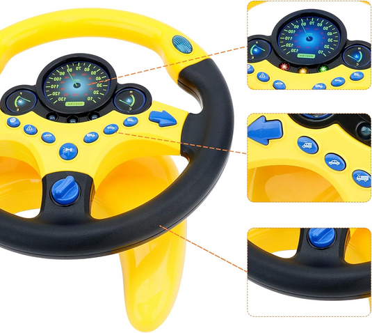 Volan Multifuntional cu Sunete si Lumini MiNiDriver Indiggo® Rotatie 360°, Suport si Ventuze, Maner Antiderapant, Simulator Condus, Lumini Intermitente, Muzica, Controler Portabil, Interactiv si Educativ, Negru/Galben