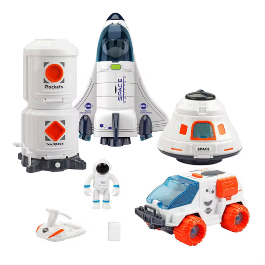 Set de Joaca 10in1 Statia Spatiala Super-Rocket Indiggo® cu Lumini si Sunete, Racheta, 3 Figurine Astronauti, Capsula de Aterizare, Cabina Functionala, Masina, Motor, Nava Spatiala, Doua Rezervoare Oxigen, White/Orange
