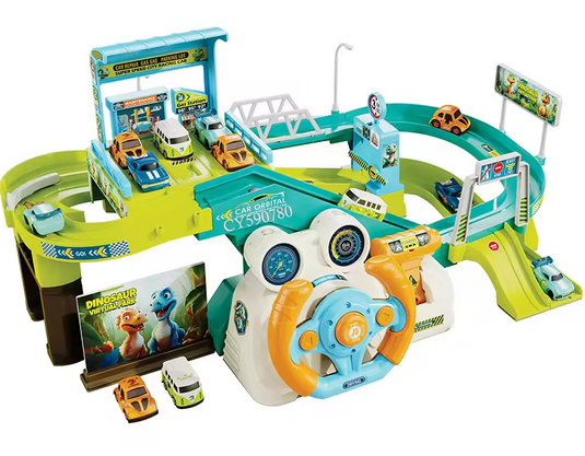 Set de Joaca Pista si Parcare cu 4 Masini DinoTrack Indiggo® Volan Functional cu Lumini si Sunete, 2 Moduri Actionare Electric/Manual, Garaj, Benzinarie, Bariera, Elemente Mobile, Green/Blue
