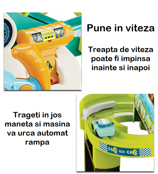 Set de Joaca Pista si Parcare cu 4 Masini DinoTrack Indiggo® Volan Functional cu Lumini si Sunete, 2 Moduri Actionare Electric/Manual, Garaj, Benzinarie, Bariera, Elemente Mobile, Green/Blue