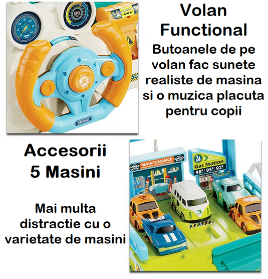 Set de Joaca Pista si Parcare cu 4 Masini DinoTrack Indiggo® Volan Functional cu Lumini si Sunete, 2 Moduri Actionare Electric/Manual, Garaj, Benzinarie, Bariera, Elemente Mobile, Green/Blue