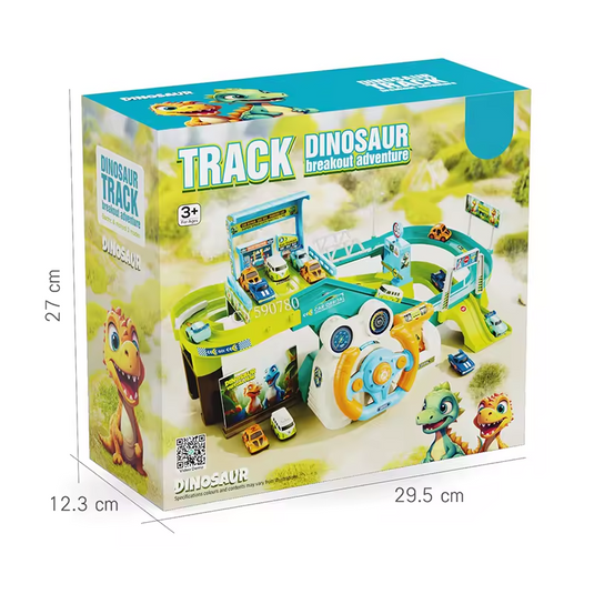 Set de Joaca Pista si Parcare cu 4 Masini DinoTrack Indiggo® Volan Functional cu Lumini si Sunete, 2 Moduri Actionare Electric/Manual, Garaj, Benzinarie, Bariera, Elemente Mobile, Green/Blue