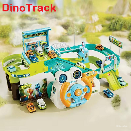 Set de Joaca Pista si Parcare cu 4 Masini DinoTrack Indiggo® Volan Functional cu Lumini si Sunete, 2 Moduri Actionare Electric/Manual, Garaj, Benzinarie, Bariera, Elemente Mobile, Green/Blue