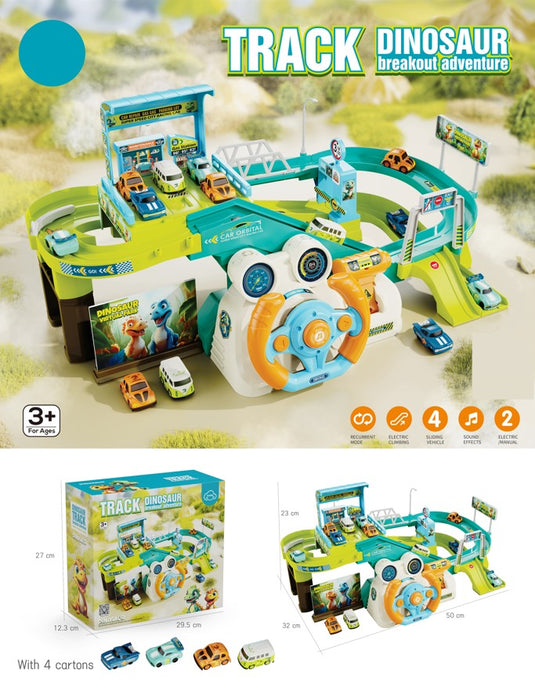 Set de Joaca Pista si Parcare cu 4 Masini DinoTrack Indiggo® Volan Functional cu Lumini si Sunete, 2 Moduri Actionare Electric/Manual, Garaj, Benzinarie, Bariera, Elemente Mobile, Green/Blue
