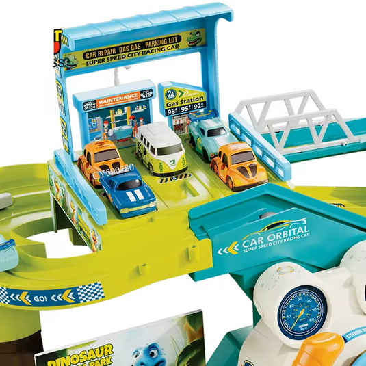 Set de Joaca Pista si Parcare cu 4 Masini DinoTrack Indiggo® Volan Functional cu Lumini si Sunete, 2 Moduri Actionare Electric/Manual, Garaj, Benzinarie, Bariera, Elemente Mobile, Green/Blue
