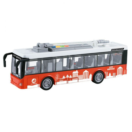 Troleibuz cu lumini si sunete, scara 1:16, rosu, 26 cm