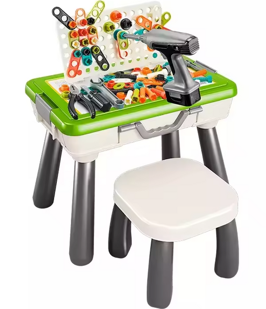 Set Banc de Lucru Multifunctional 4in1 BabyWorkshop Indiggo® cu Bormasina ELECTRICA Bidirectionala, Scaunel si 109 PIESE, Scris / Desenat, Cutie Depozitare Tip Valiza Portabila, Unelte si Accesorii, Margini Rotunjite, Stabil / Antiderapant, Green
