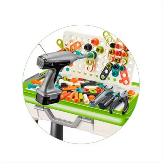 Set Banc de Lucru Multifunctional 4in1 BabyWorkshop Indiggo® cu Bormasina ELECTRICA Bidirectionala, Scaunel si 109 PIESE, Scris / Desenat, Cutie Depozitare Tip Valiza Portabila, Unelte si Accesorii, Margini Rotunjite, Stabil / Antiderapant, Green