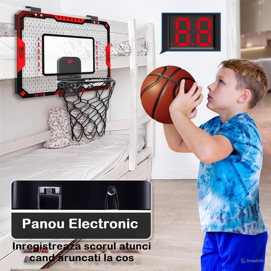 Cos de Baschet pentru Copii cu Tablou de Bord Electronic MiniNBA Indiggo® Afisaj Digital Automat, Minge Inclusa, Pompa de Umflat, Inel Rabatabil cu Arc, Interior / Exterior, Rezistent la Socuri, Usor de Instalat, Black/Red