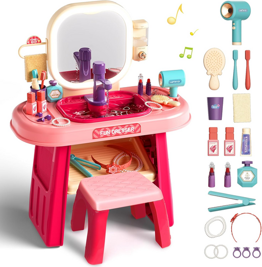 Set Masuta de Machiaj pentru Fetite BeautyBoutique Indiggo® Oglinda cu Lumini LED si Muzica, Lavoar cu Robinet Functional Senzori de Pornire, Dispenser Sapun Lichid, Accesorii Complete Ingrijire, Machiaj, Coafura, Decorative, Blush Pink