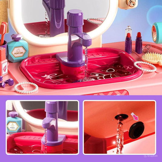 Set Masuta de Machiaj pentru Fetite BeautyBoutique Indiggo® Oglinda cu Lumini LED si Muzica, Lavoar cu Robinet Functional Senzori de Pornire, Dispenser Sapun Lichid, Accesorii Complete Ingrijire, Machiaj, Coafura, Decorative, Blush Pink