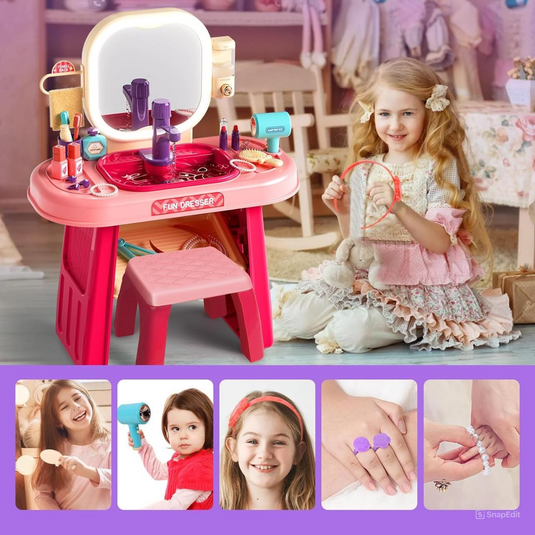 Set Masuta de Machiaj pentru Fetite BeautyBoutique Indiggo® Oglinda cu Lumini LED si Muzica, Lavoar cu Robinet Functional Senzori de Pornire, Dispenser Sapun Lichid, Accesorii Complete Ingrijire, Machiaj, Coafura, Decorative, Blush Pink