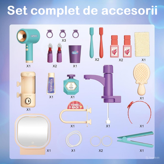 Set Masuta de Machiaj pentru Fetite BeautyBoutique Indiggo® Oglinda cu Lumini LED si Muzica, Lavoar cu Robinet Functional Senzori de Pornire, Dispenser Sapun Lichid, Accesorii Complete Ingrijire, Machiaj, Coafura, Decorative, Blush Pink