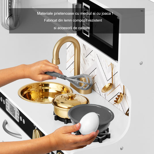 Set Bucatarie pentru Copii din Lemn Natural, Kiddo Cuisine, Mobilier si Sunete Realiste, Elemente Detasabile, Set Ustensile, Tabla de scris, Telefon, Masina de gheata, Microunde, Chiuveta, 80.5 CM Inaltime, White Wood