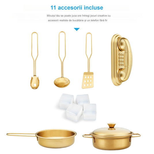 Set Bucatarie pentru Copii din Lemn Natural, Kiddo Cuisine, Mobilier si Sunete Realiste, Elemente Detasabile, Set Ustensile, Tabla de scris, Telefon, Masina de gheata, Microunde, Chiuveta, 80.5 CM Inaltime, White Wood