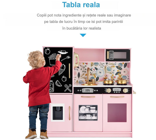 Set Bucatarie pentru Copii din Lemn Natural, Pink Floral Cuisine, Mobilier si Sunete Realiste, Elemente Detasabile, Set Ustensile, Tabla de scris, Telefon, Masina de gheata, Microunde, Chiuveta, 80.5 CM Inaltime, Pink Floral