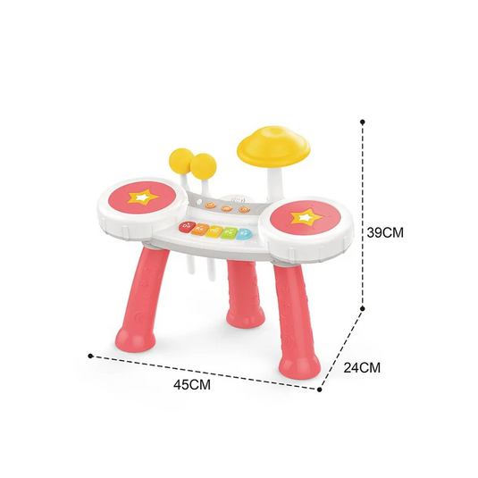 Masuta Muzicala Multifunctionala 2in1 SuperStar Indiggo® cu Pian si Tobe, Doua Bete Incluse, 5 Clape, Lumini LED, Volum Reglabil, 3 Butoane Functionale, Educativ si Interactiv, Vibrant Pink