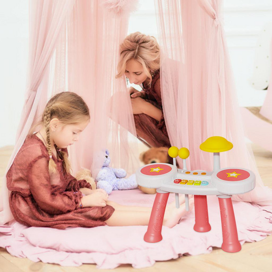 Masuta Muzicala Multifunctionala 2in1 SuperStar Indiggo® cu Pian si Tobe, Doua Bete Incluse, 5 Clape, Lumini LED, Volum Reglabil, 3 Butoane Functionale, Educativ si Interactiv, Vibrant Pink