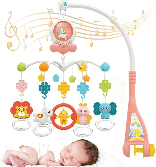 Carusel Muzical pentru Patut MiniFriends Indiggo® cu 5 Jucarii Senzoriale, 108 Cantece, Cutiuta Muzicala, Rotire 360°, 5 Butoane / 5 Functii, Volum Reglabil, Usor de Instalat, Pink