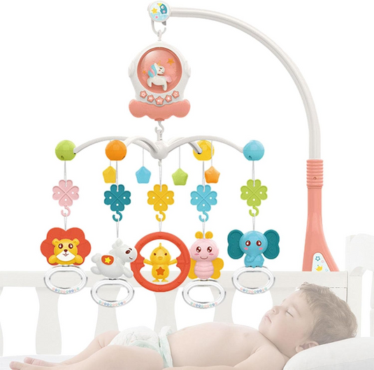Carusel Muzical pentru Patut MiniFriends Indiggo® cu 5 Jucarii Senzoriale, 108 Cantece, Cutiuta Muzicala, Rotire 360°, 5 Butoane / 5 Functii, Volum Reglabil, Usor de Instalat, Pink