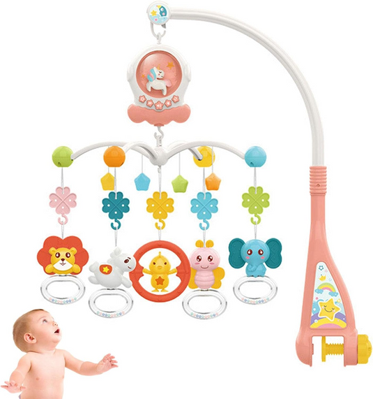 Carusel Muzical pentru Patut MiniFriends Indiggo® cu 5 Jucarii Senzoriale, 108 Cantece, Cutiuta Muzicala, Rotire 360°, 5 Butoane / 5 Functii, Volum Reglabil, Usor de Instalat, Pink