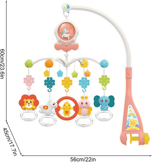 Carusel Muzical pentru Patut MiniFriends Indiggo® cu 5 Jucarii Senzoriale, 108 Cantece, Cutiuta Muzicala, Rotire 360°, 5 Butoane / 5 Functii, Volum Reglabil, Usor de Instalat, Pink