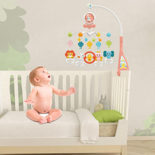 Carusel Muzical pentru Patut MiniFriends Indiggo® cu 5 Jucarii Senzoriale, 108 Cantece, Cutiuta Muzicala, Rotire 360°, 5 Butoane / 5 Functii, Volum Reglabil, Usor de Instalat, Pink