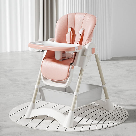 Scaun de Masa Pliabil pentru Bebelusi si Copii KinderVIBE®, 6 Luni +, 4 Pozitii inclinare Spatar, Stabil, Centura de Siguranta 5 Puncte, Ajustabil pe Inaltime, Tavita Reglabila si Detasabila, Loc depozitare, Picioare Antiderapante, Roti blocabile, Roz Fad