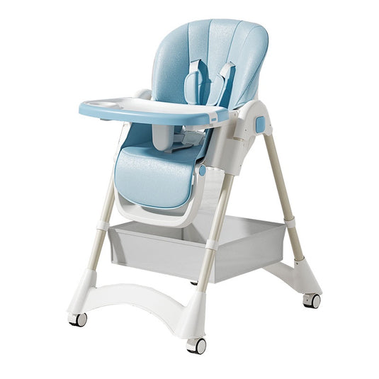 Scaun de Masa Pliabil pentru Bebelusi si Copii KinderVIBE®, 6 Luni +, 4 Pozitii inclinare Spatar, Stabil, Centura de Siguranta 5 Puncte, Ajustabil pe Inaltime, Tavita Reglabila si Detasabila, Loc depozitare, Picioare Antiderapante, Roti, Albastru Fad