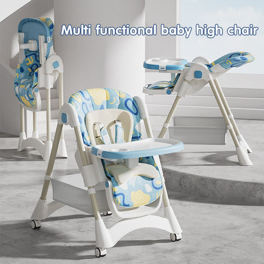 Scaun de Masa Pliabil pentru Bebelusi si Copii KinderVIBE®, 6 Luni +, 4 Pozitii inclinare Spatar, Stabil, Centura de Siguranta 5 Puncte, Ajustabil pe Inaltime, Tavita Reglabila si Detasabila, Loc depozitare, Picioare Antiderapante, Roti, Albastru Fad