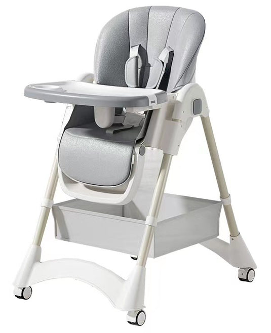 Scaun de Masa Pliabil pentru Bebelusi si Copii KinderVIBE®, 6 Luni +, 4 Pozitii inclinare Spatar, Stabil, Centura de Siguranta 5 Puncte, Ajustabil pe Inaltime, Tavita Reglabila si Detasabila, Loc depozitare, Picioare Antiderapante, Roti blocabile, Gri Fad