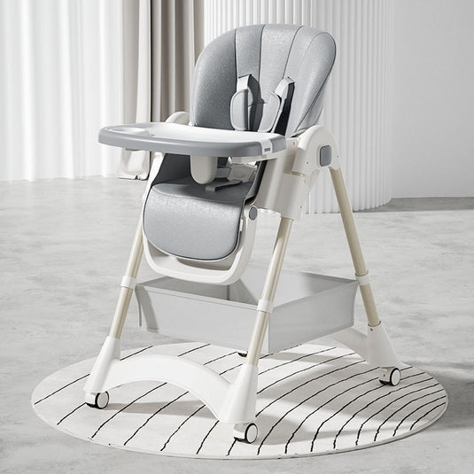 Scaun de Masa Pliabil pentru Bebelusi si Copii KinderVIBE®, 6 Luni +, 4 Pozitii inclinare Spatar, Stabil, Centura de Siguranta 5 Puncte, Ajustabil pe Inaltime, Tavita Reglabila si Detasabila, Loc depozitare, Picioare Antiderapante, Roti blocabile, Gri Fad