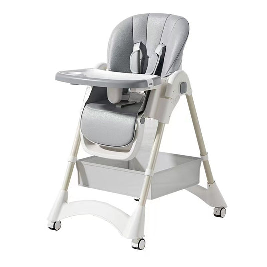 Scaun de Masa Pliabil pentru Bebelusi si Copii KinderVIBE®, 6 Luni +, 4 Pozitii inclinare Spatar, Stabil, Centura de Siguranta 5 Puncte, Ajustabil pe Inaltime, Tavita Reglabila si Detasabila, Loc depozitare, Picioare Antiderapante, Roti blocabile, Gri Fad