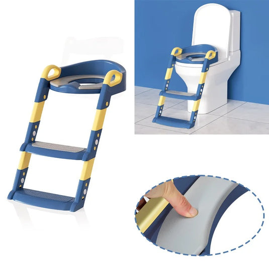 Reductor de Toaleta pentru Copii Multifunctional KiddoMAX®, cu Doua Scari Reglabile, Perna Confortabila, Design Anti-Stropire, Baza Antiderapanta, Inaltime Reglabila, Pliabil, Lavabil, Spatar si Manere, Compatibilitate Universala, Baby Blue