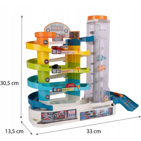 Set de Joaca Pista si Super Parcare Electrica 5 Etaje Parking Helicopter, 6 Masini Incluse, Banda Rulanta, Heliport, Comutator, Lumini si Sunete, Lift Electric, Semne de circulatie Trafic, Garaj, Albastru