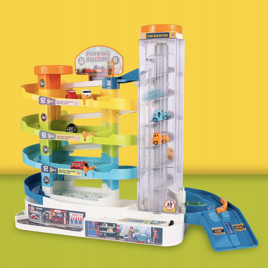 Set de Joaca Pista si Super Parcare Electrica 5 Etaje Parking Helicopter, 6 Masini Incluse, Banda Rulanta, Heliport, Comutator, Lumini si Sunete, Lift Electric, Semne de circulatie Trafic, Garaj, Albastru