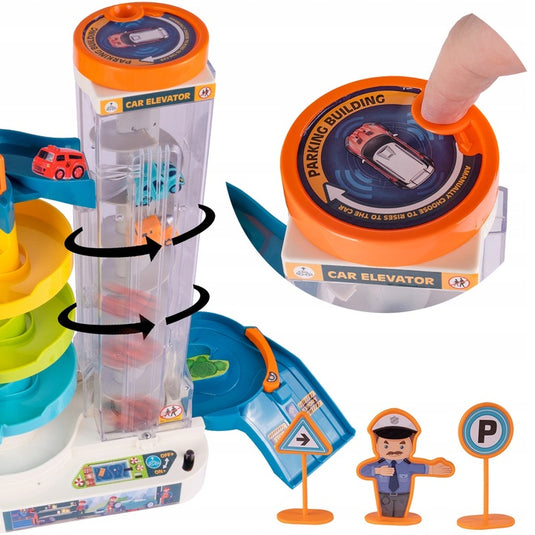 Set de Joaca Pista si Super Parcare Electrica 5 Etaje Parking Helicopter, 6 Masini Incluse, Banda Rulanta, Heliport, Comutator, Lumini si Sunete, Lift Electric, Semne de circulatie Trafic, Garaj, Albastru