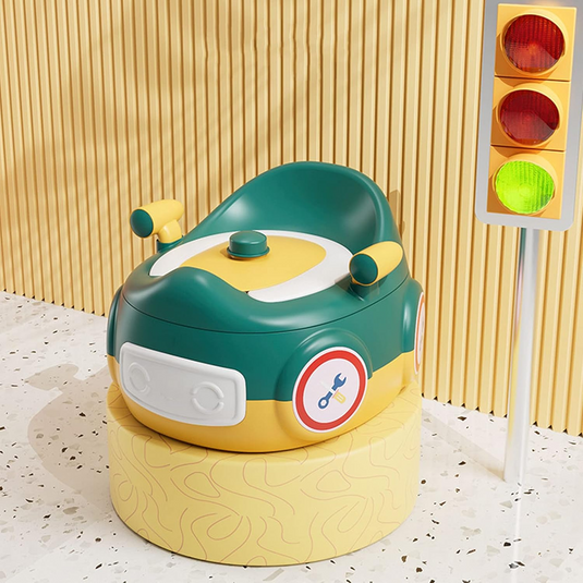 Olita Multifunctionala 3in1 HappyClean Indiggo® cu Perna Moale, Inaltator/Reductor Toaleta, Recipient Colector Detasabil, Manere Siguranta, Fara Miros, Anti-Stropire/Anti-Alunecare, Spatar Ergonomic, Capac, Confortabil, Curatare Usoara, Green/Yellow