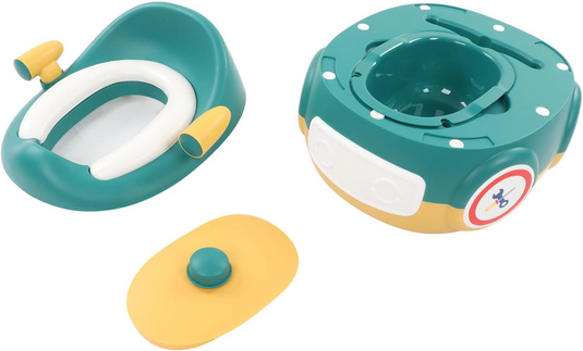 Olita Multifunctionala 3in1 HappyClean Indiggo® cu Perna Moale, Inaltator/Reductor Toaleta, Recipient Colector Detasabil, Manere Siguranta, Fara Miros, Anti-Stropire/Anti-Alunecare, Spatar Ergonomic, Capac, Confortabil, Curatare Usoara, Green/Yellow
