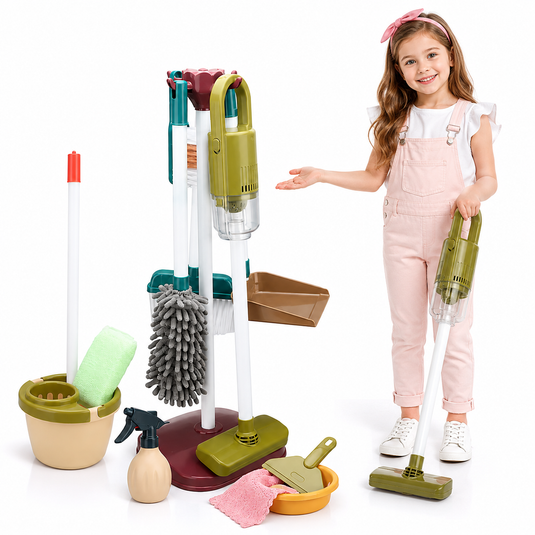 Set de Joaca Curatenie Interactiv si Educativ Indiggo® si Jucarie de Rol pentru Copii, 23 Piese, Aspirator Vertical Realist, Mop, Faras, Perie, Matura, si Accesorii de Curatat Reglabile si Suport inclus, Multicolor