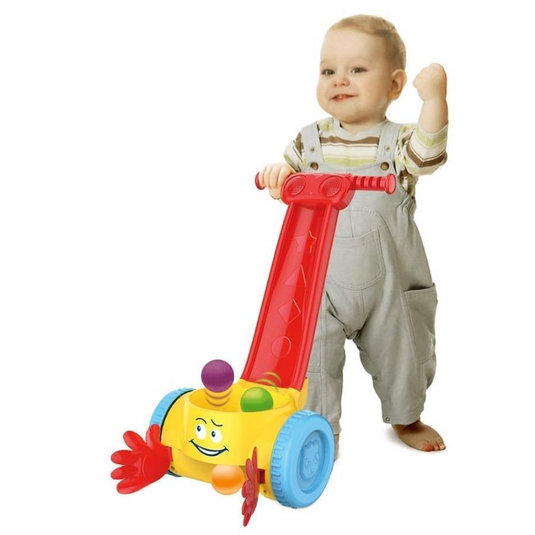 Antemergator Muzical pentru Copii RolyPopper Indiggo® cu Bile Colorate, Colector de Mingi cu Recompensa Muzicala, Maner in Forma de Tobogan, Stabil, Antiderapant, Red/Yellow