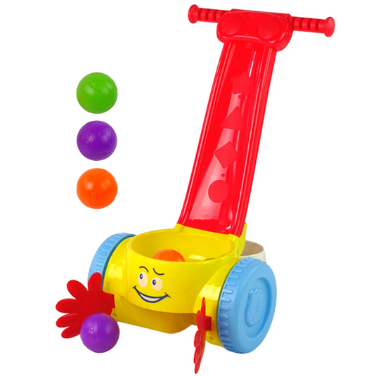 Antemergator Muzical pentru Copii RolyPopper Indiggo® cu Bile Colorate, Colector de Mingi cu Recompensa Muzicala, Maner in Forma de Tobogan, Stabil, Antiderapant, Red/Yellow